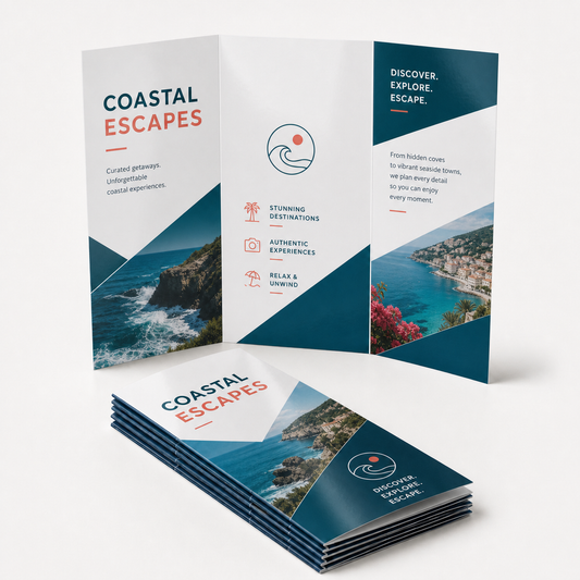 Open three-panel 100 lb. Gloss Text tri-fold brochures with folded stack