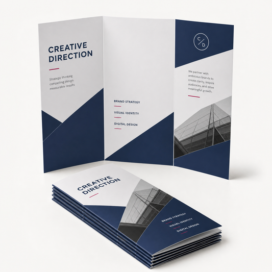 Open three-panel 100 lb. Matte Text tri-fold brochures with folded stack