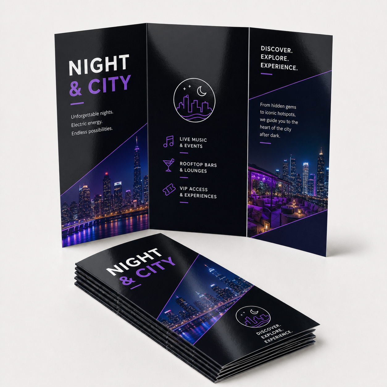 Open three-panel 100 lb. UV High Gloss tri-fold brochures with folded stack