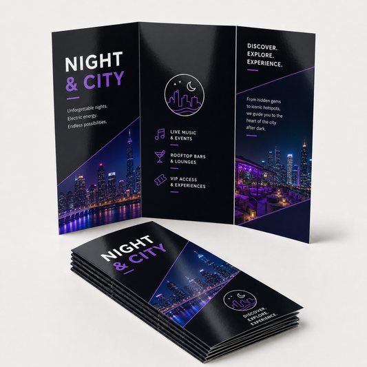 Open three-panel 100 lb. UV High Gloss tri-fold brochures with folded stack