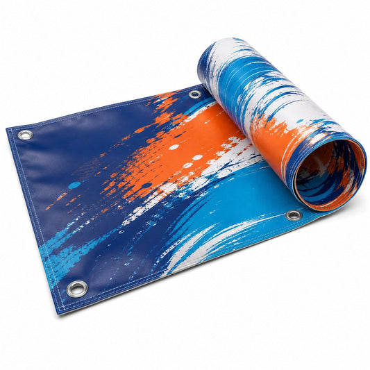 Rolled double-sided 13 oz vinyl banner with full-color printing visible on both surfaces
