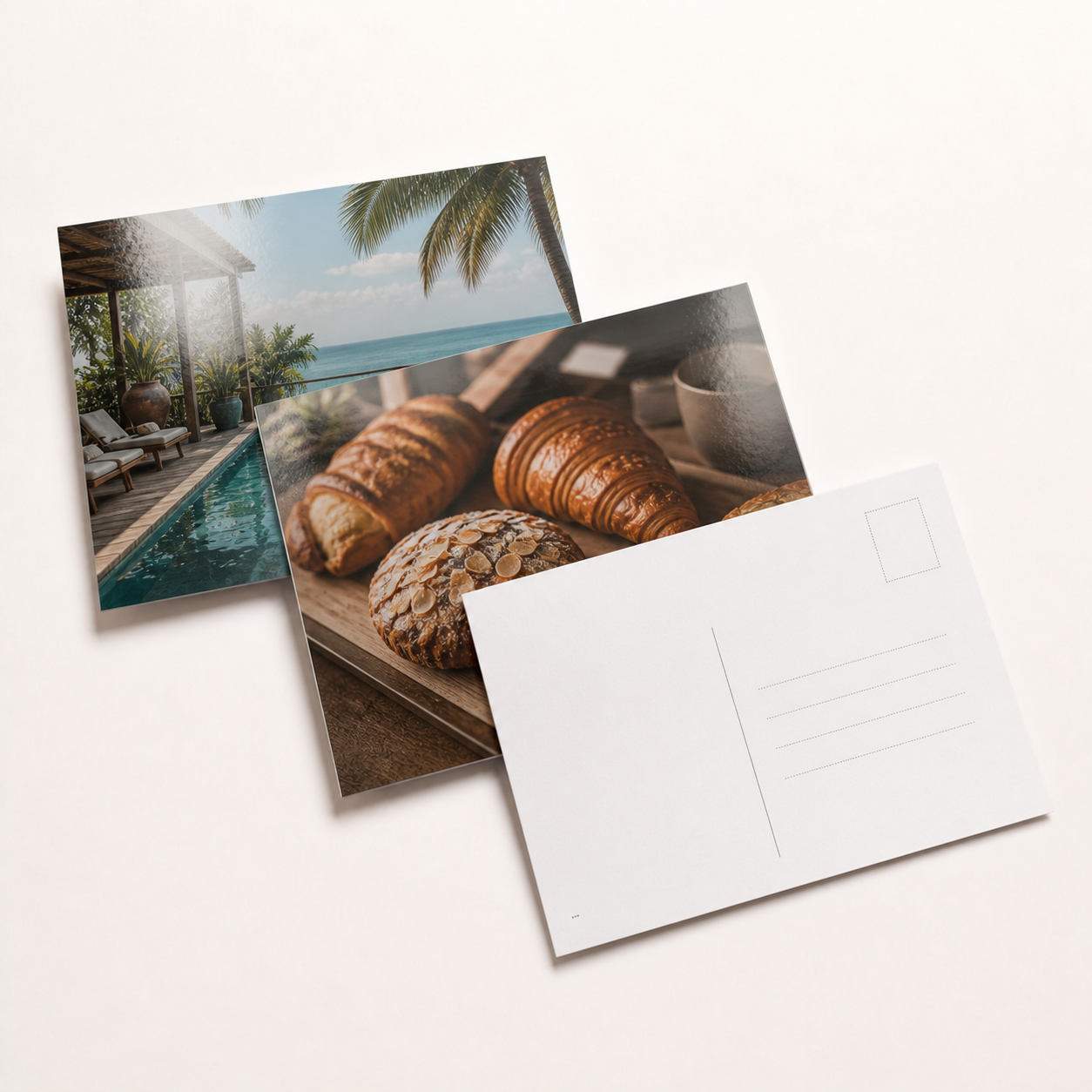 C1S gloss postcards showing printed fronts and a writable uncoated back
