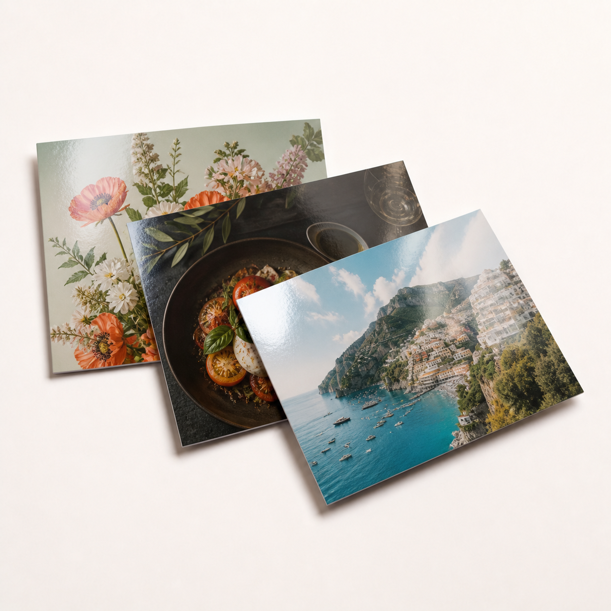 Gloss-coated postcards with vibrant full-color printed designs