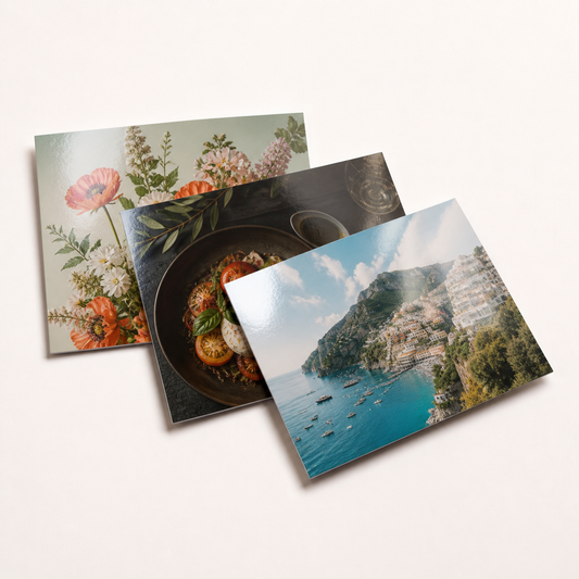 Gloss-coated postcards with vibrant full-color printed designs