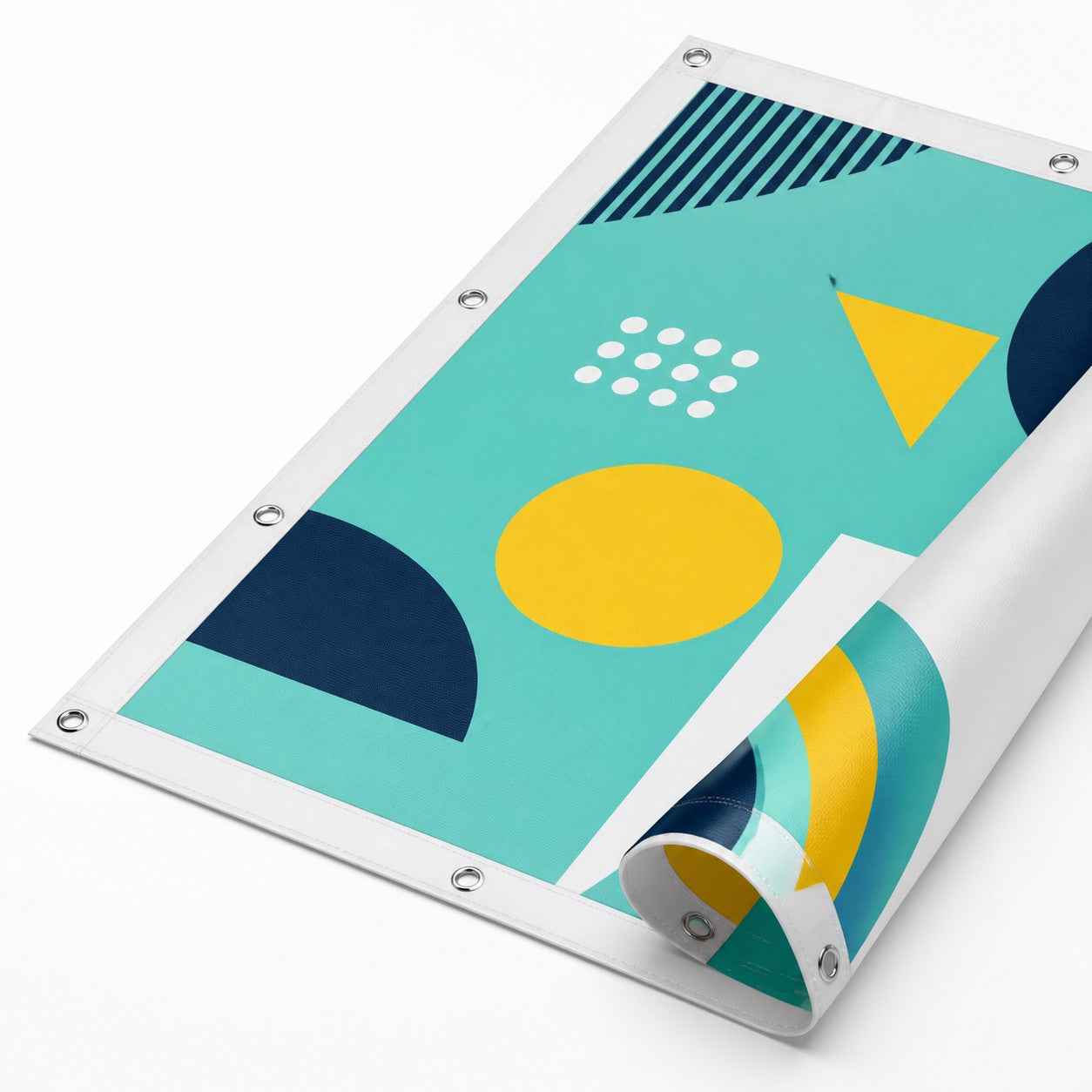 18oz double-sided blockout banner with 1-inch white webbing and curled corner