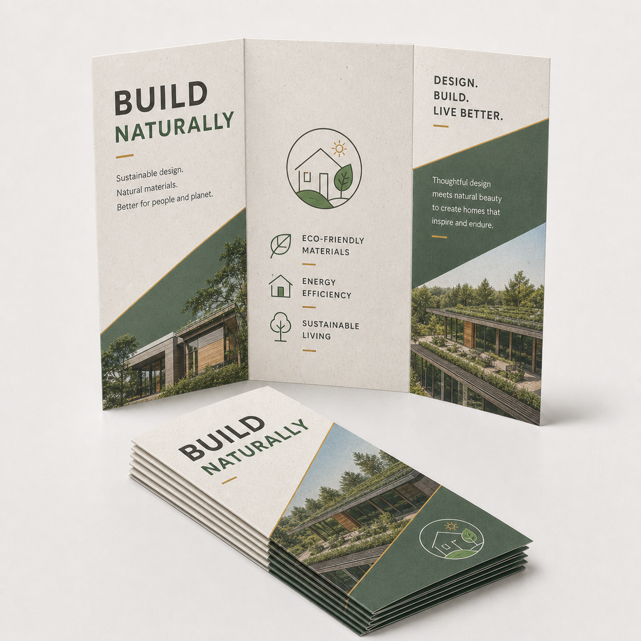Open three-panel 80 lb. Enviro Uncoated tri-fold brochures with folded stack