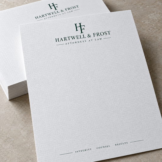Brilliant White 80 lb. Linen letterheads with visible woven texture and Hartwell and Frost branding