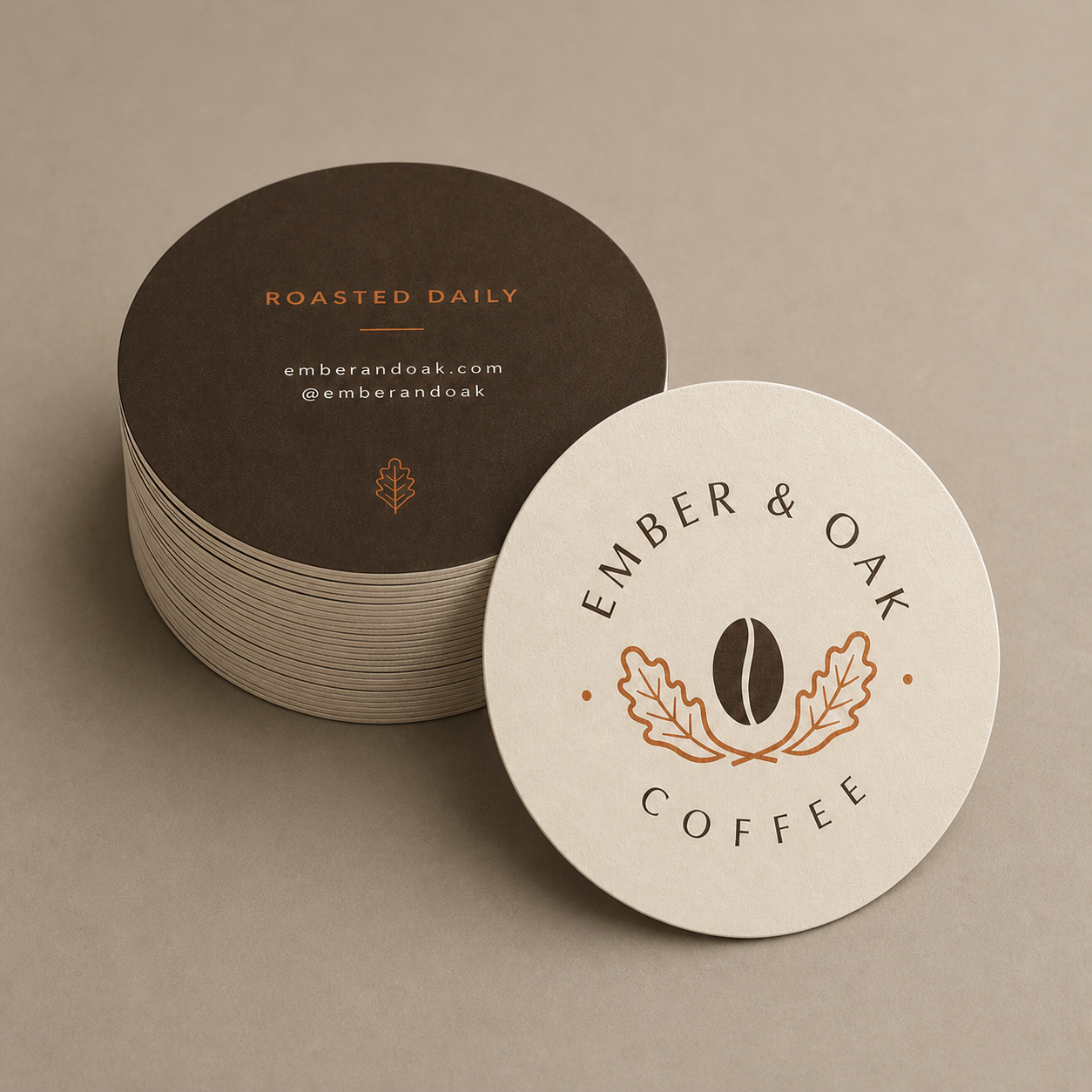 Circle business cards shown in Pixel Printing’s established neutral studio catalog style