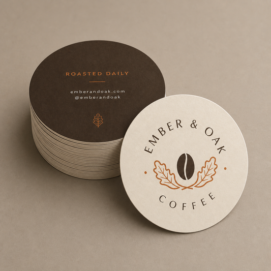 Circle business cards shown in Pixel Printing’s established neutral studio catalog style