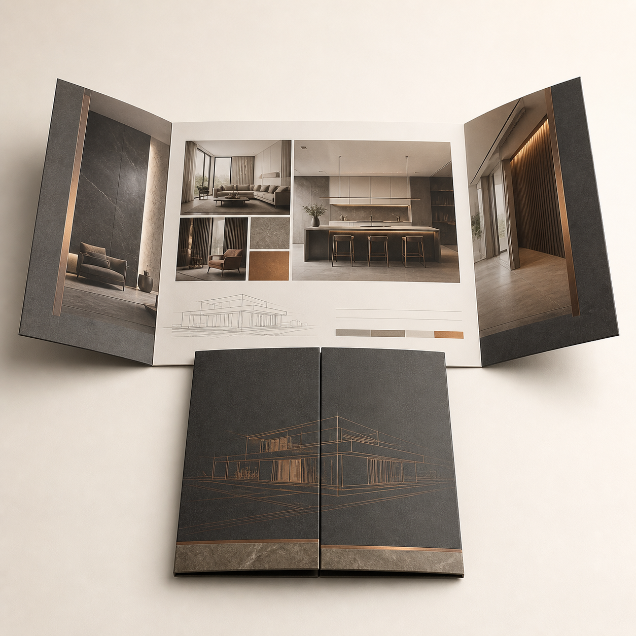 Professional closed-gatefold brochure printing mockup