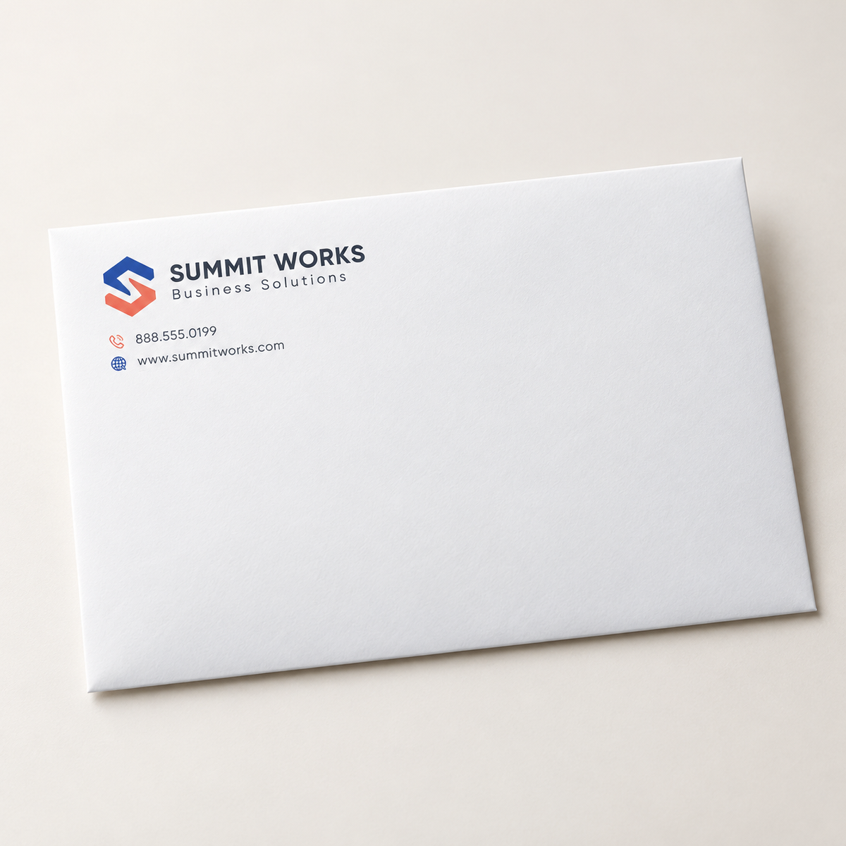 Full-color A6 announcement envelope with professional business branding