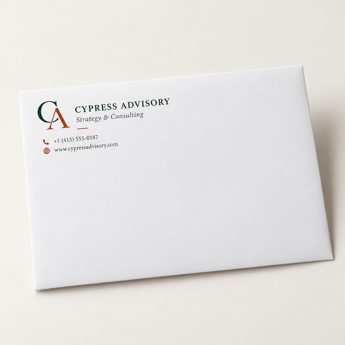 Full-color A7 announcement envelope with professional business branding
