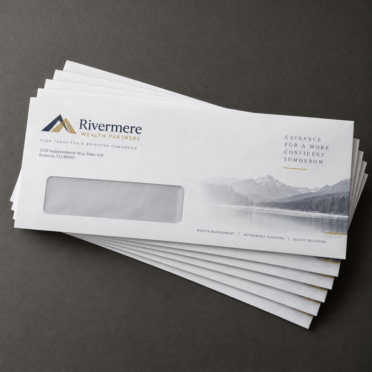 Full-color custom No. 10 white wove business envelopes with a clear address window