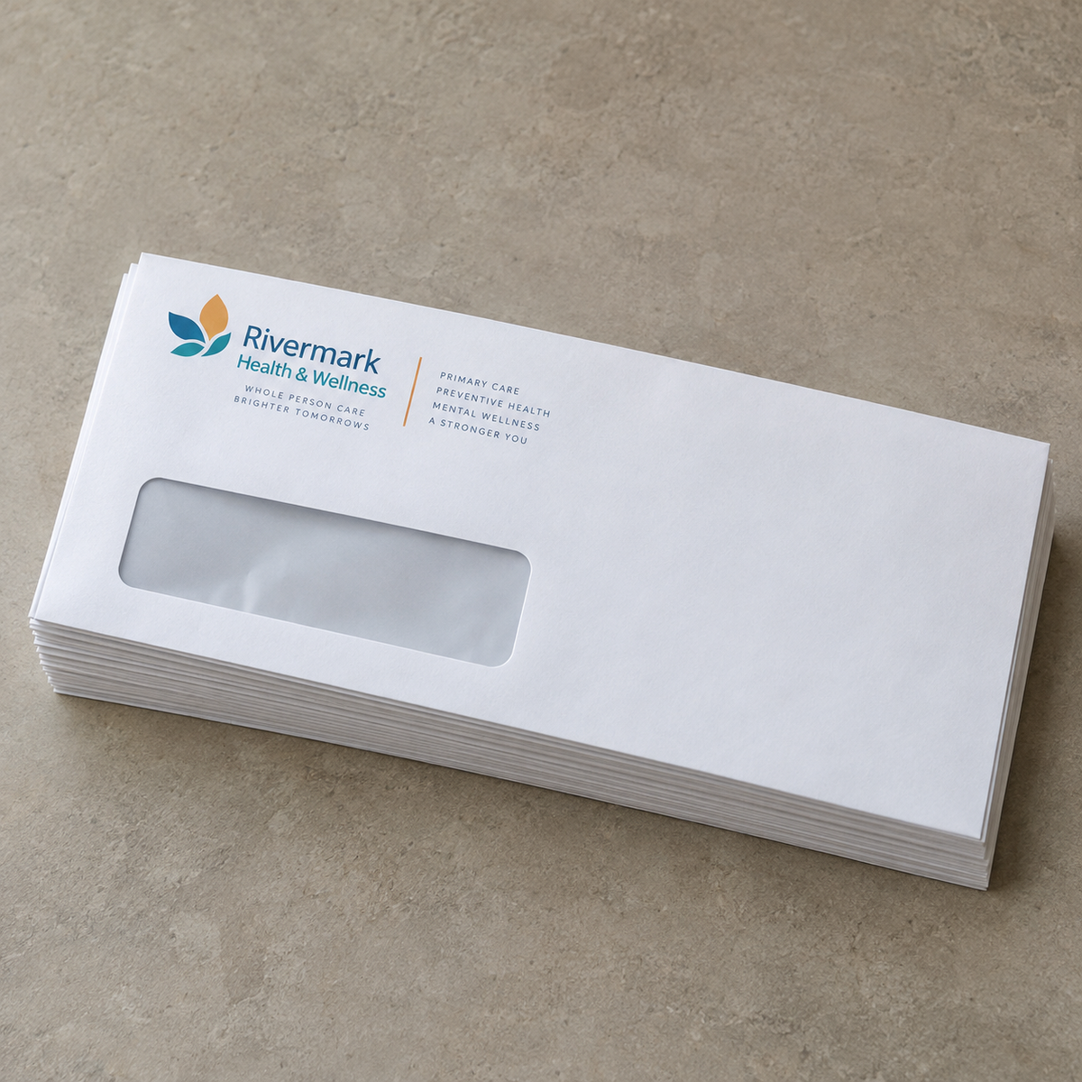Full-color custom No. 9 white wove business envelopes with a clear address window