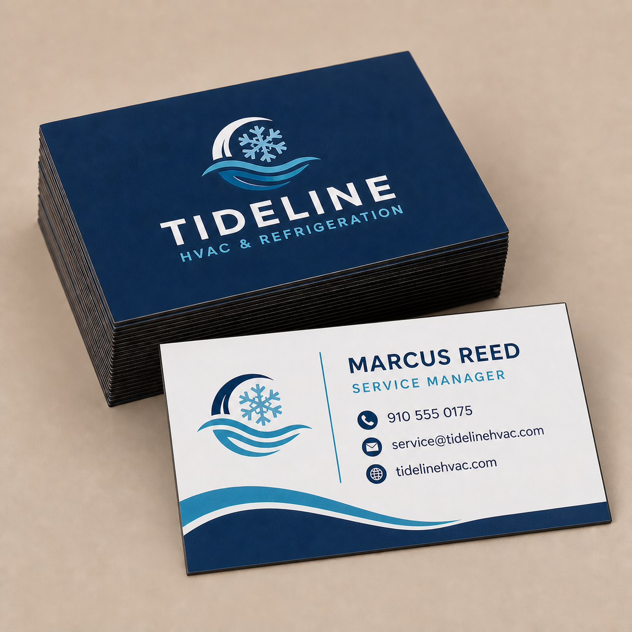 Magnetic HVAC business cards with visible dark backing in Pixel Printing’s neutral studio catalog style