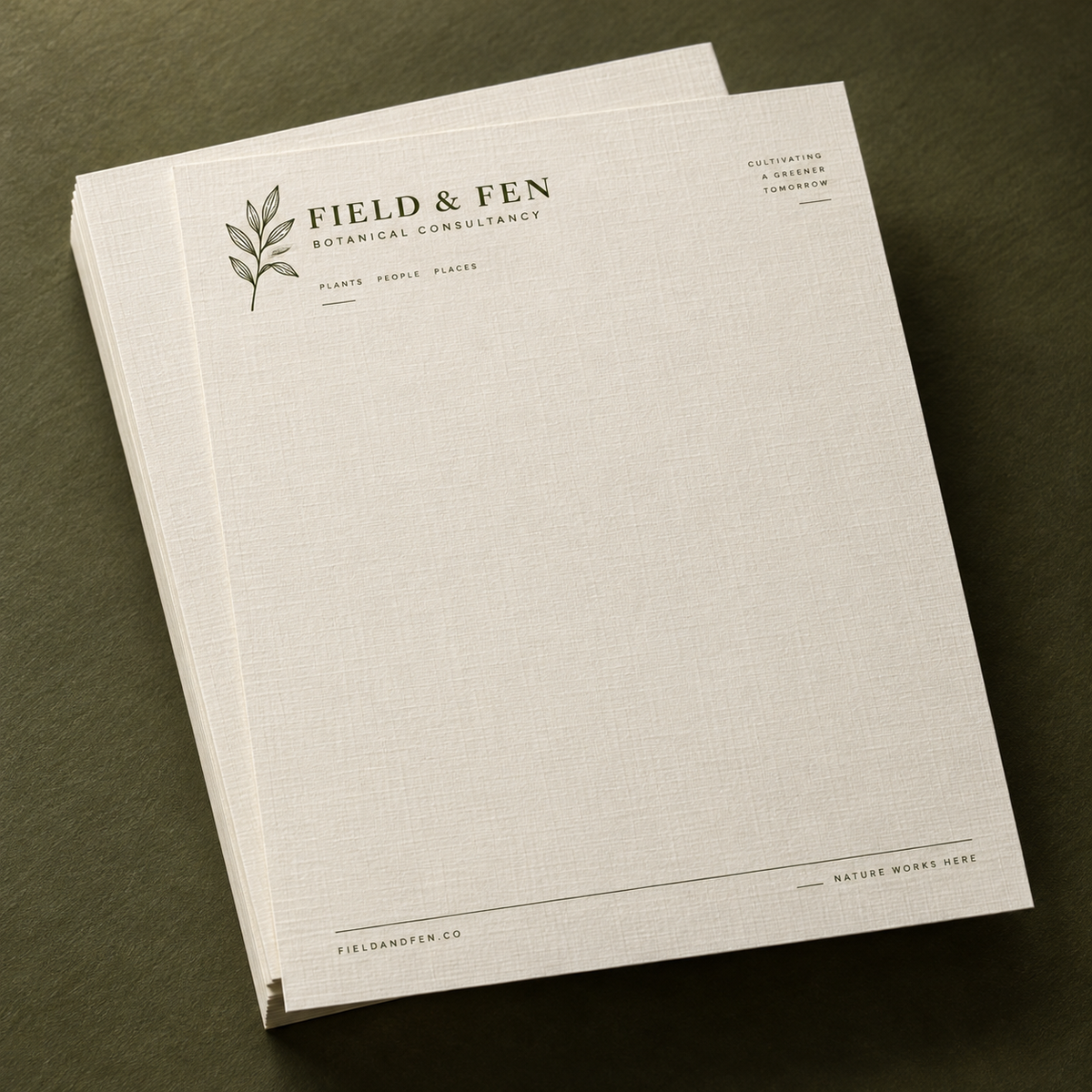 Natural White 80 lb. Linen letterheads with warm ivory tone, woven texture, and Field and Fen branding