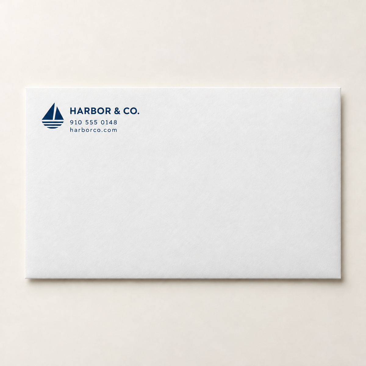 One-color A1 business announcement envelope with logo and contact information in the upper-left