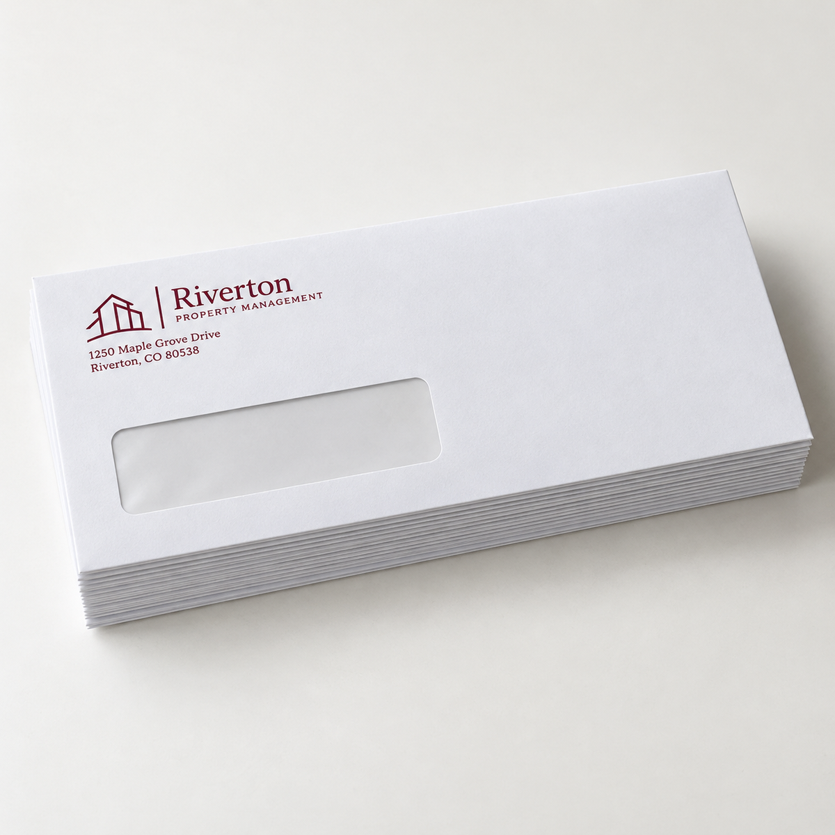 One-color custom No. 9 white wove business envelopes with a clear address window