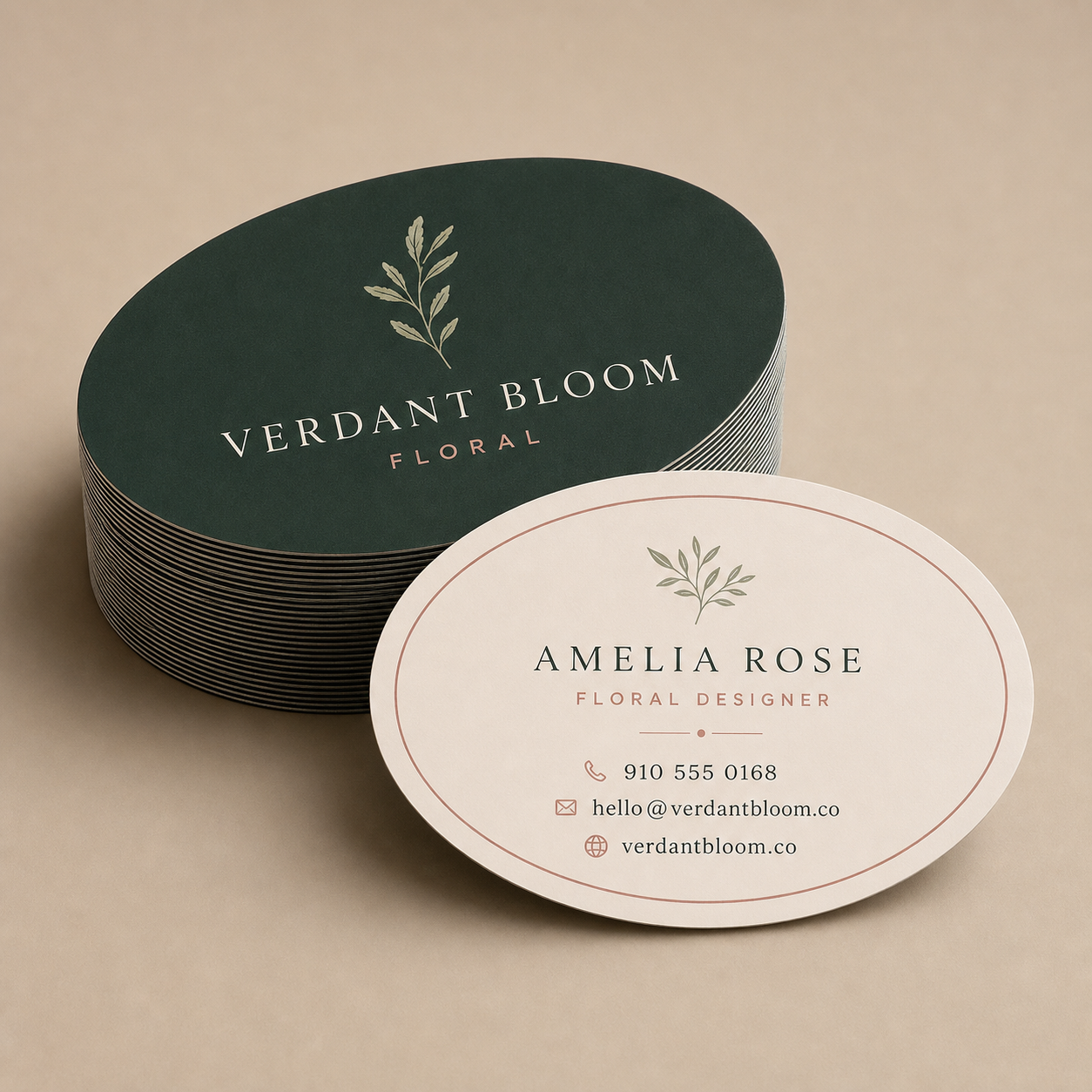 Oval business cards for a floral boutique in Pixel Printing’s neutral studio catalog style