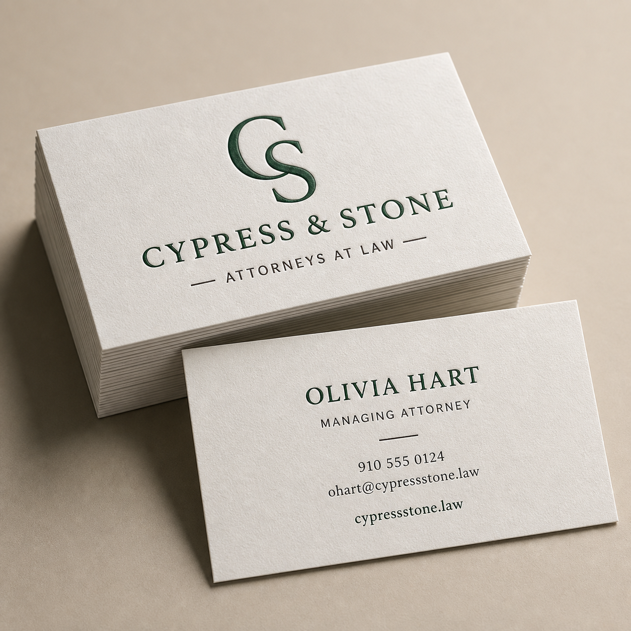 Raised-ink law firm business cards in Pixel Printing’s neutral studio catalog style