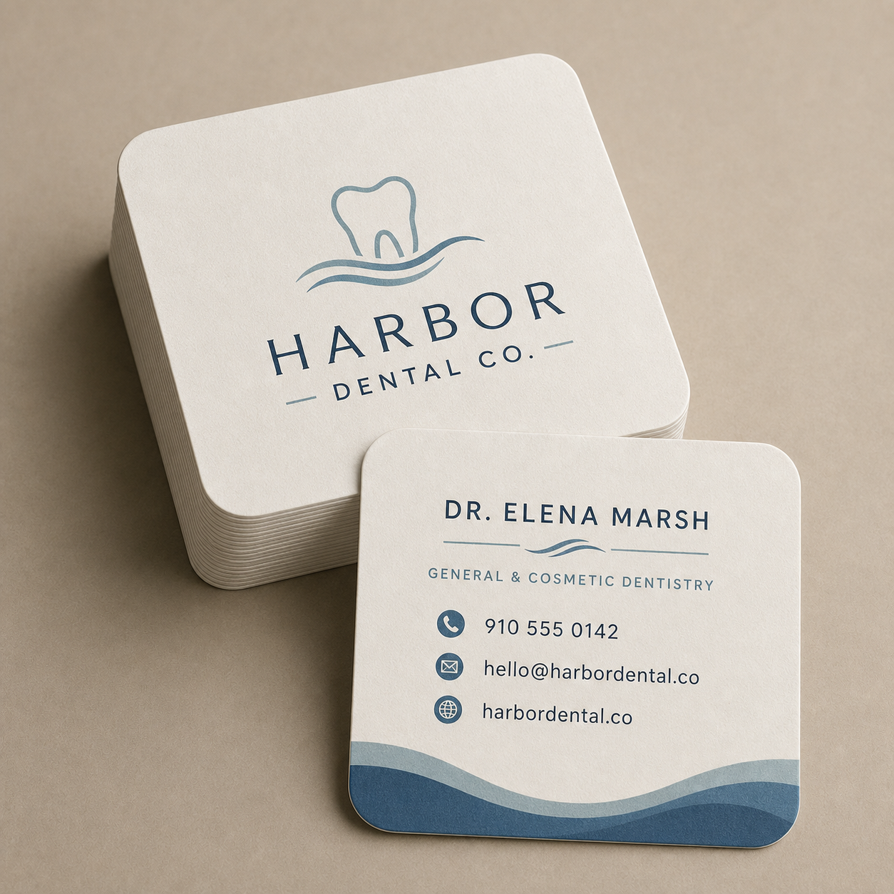 Rounded-square business cards for a dental practice in Pixel Printing’s neutral studio catalog style
