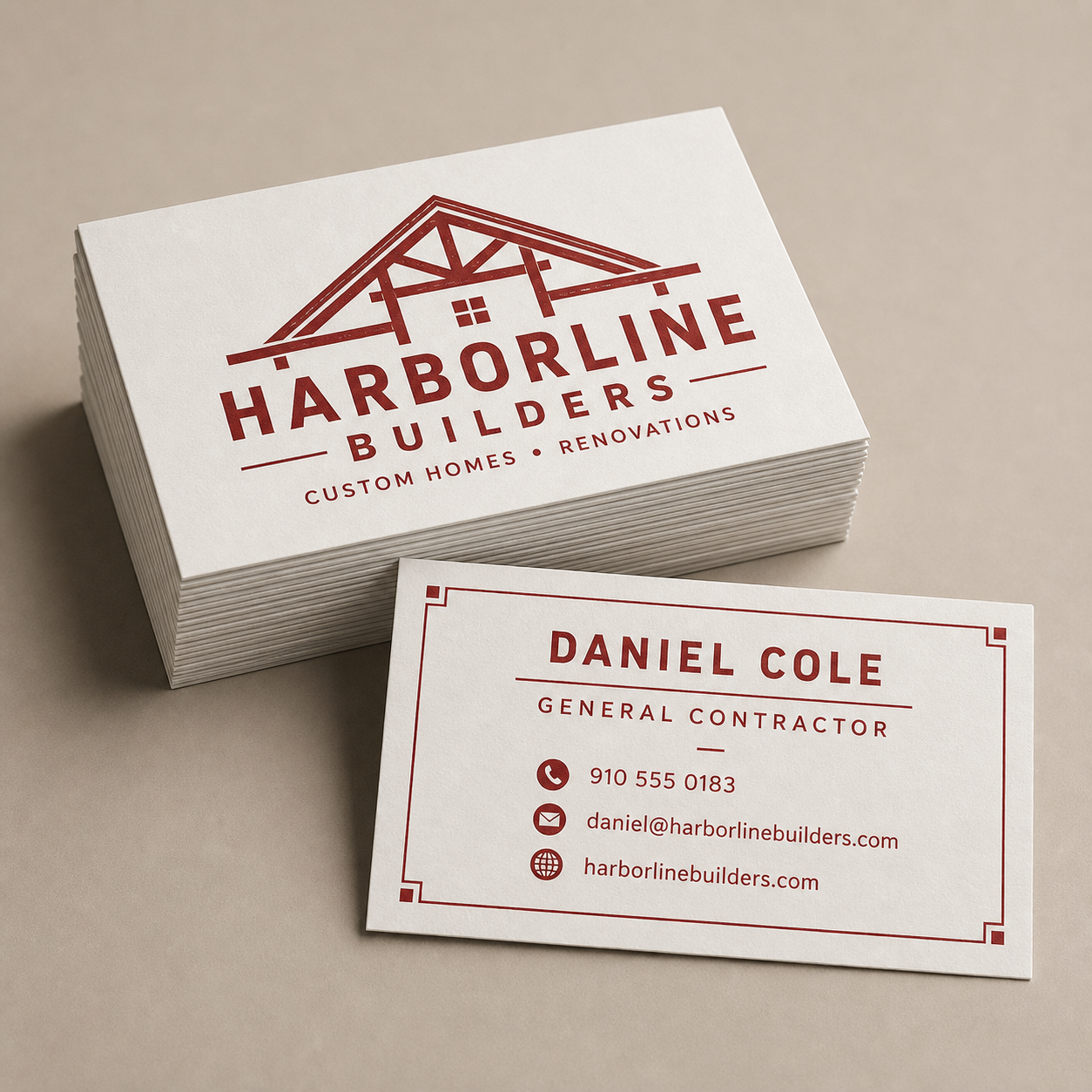 One-color construction business cards in Pixel Printing’s neutral studio catalog style