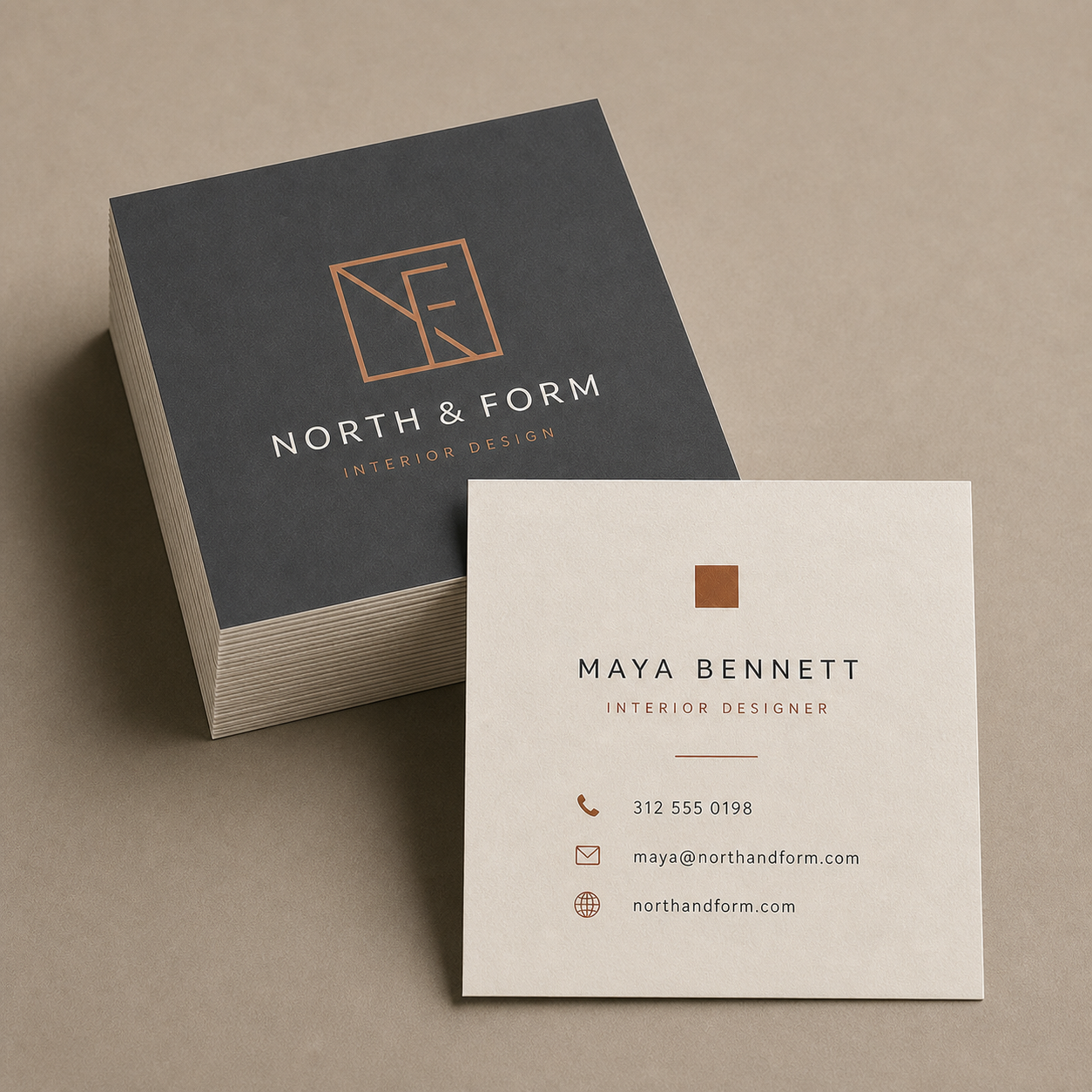 Square business cards shown in Pixel Printing’s established neutral studio catalog style